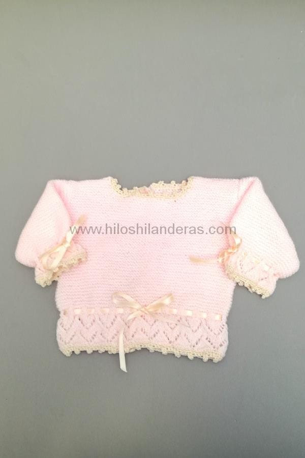 Primera puesta de lana fina de bebé con blonda rosa y puntilla en algodón perlé beige. Hecho a mano. Handmade. Ropa para bebé. Regalo ideal para bautizos. Elige el color que quieras.