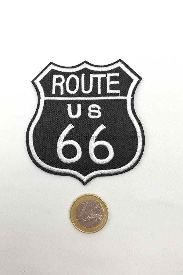 Parche termoadhesivo bordado 8 x 7 cm mod. Route 66. Ideal para pantalones y chaquetas vaqueras. Mercería económica online