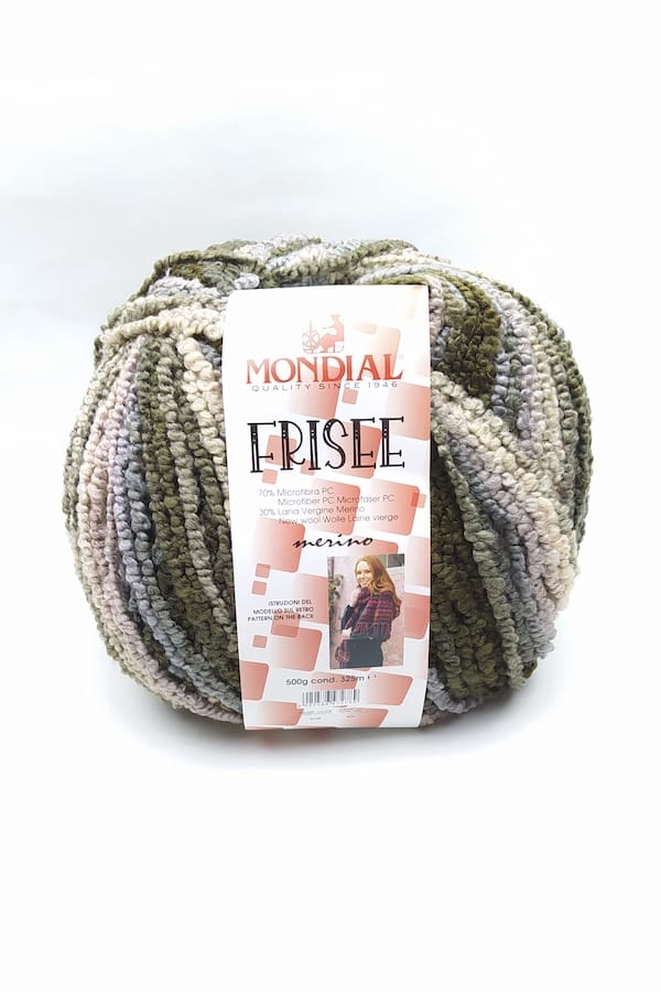 Madeja de lana 500 gr Mondial Frisee para tejer con agujas 7-8 mm para tricot, 8-9 mm para agujas de crochet. Lana ecológica