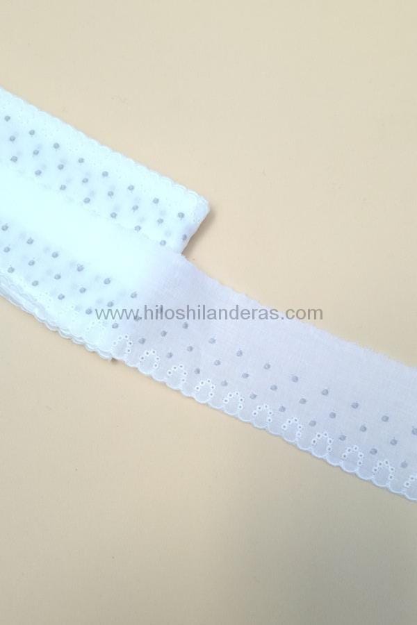 Puntilla de tira bordada blanco 100% algodón 5 cm mod. Plumeti. Artículos para costura. Mercería online.
