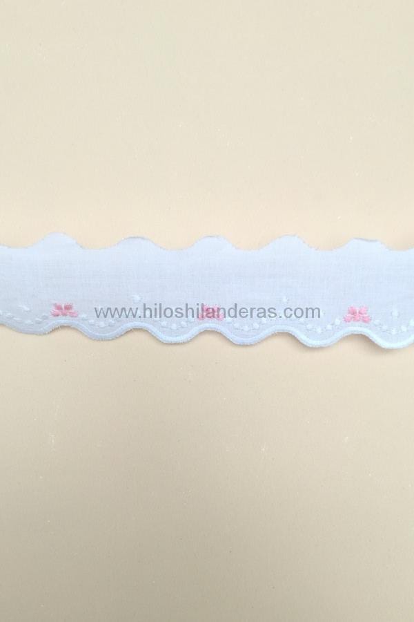 Puntilla de tira bordada blanco y rosa 100% algodón 4 cm mod. Flor. Artículos para costura. Mercería online en Bormujos Sevilla